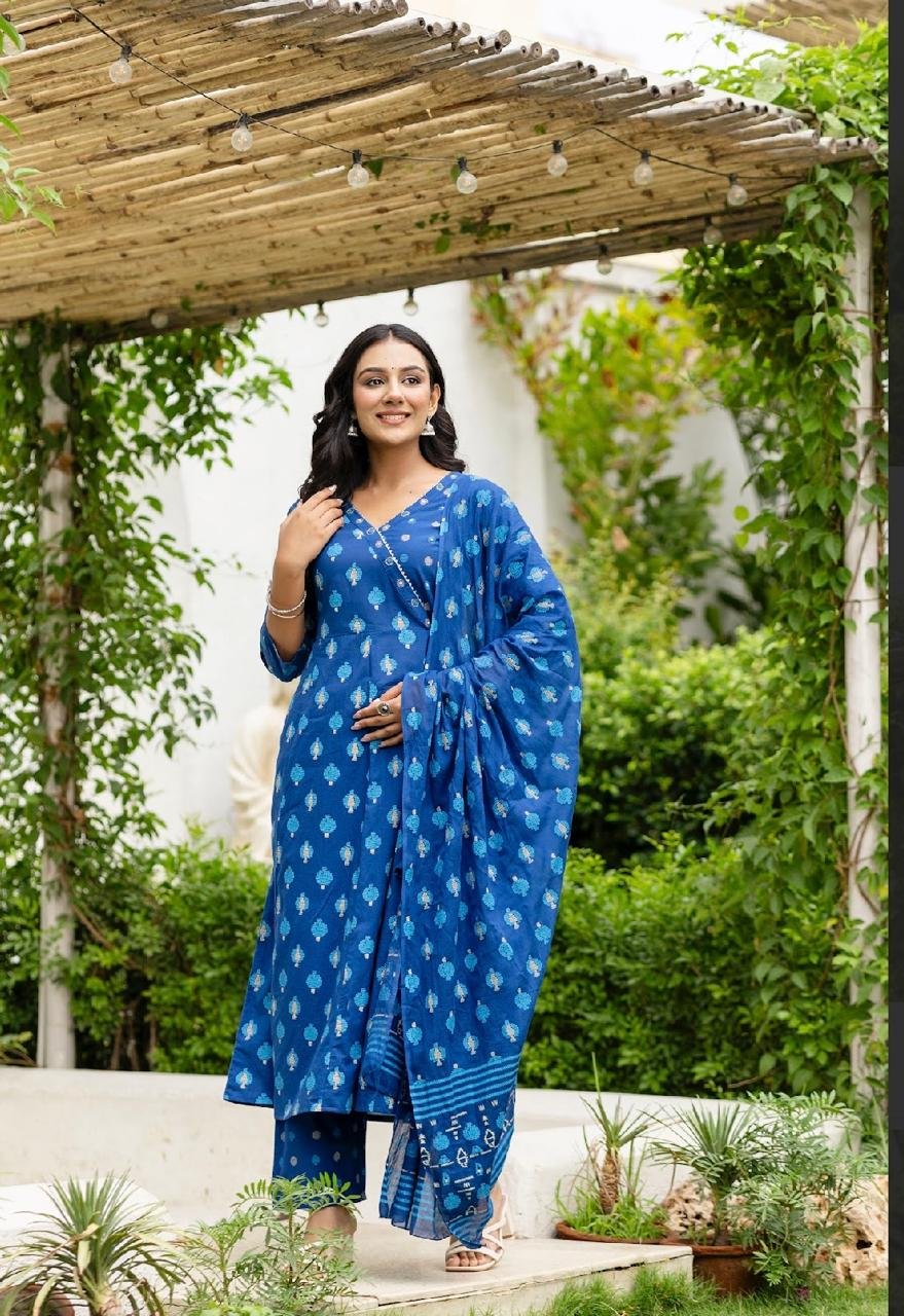 Embroidered Angrakha Anarkali Cotton Suit Set